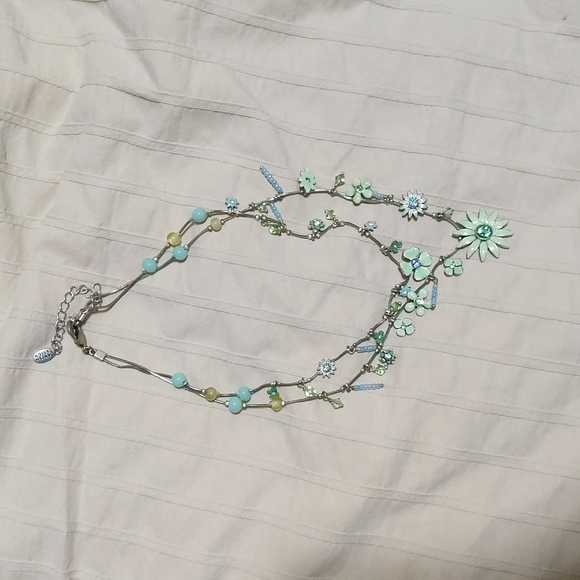 PILGRIM Daisy Double Strand Necklace Oxidised Silver Plate & Pastel Green - Picture 1 of 4